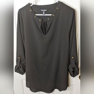 Ellen Tracy Women's Black Top Blouse Laced Grommets Roll Tab Sleeves Size Medium